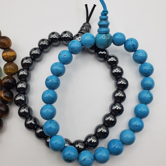 Gemstone Beaded Stretch Bracelet Tigers Eye Quartz Amethyst Turquoise Hematite - Picture 4 of 7